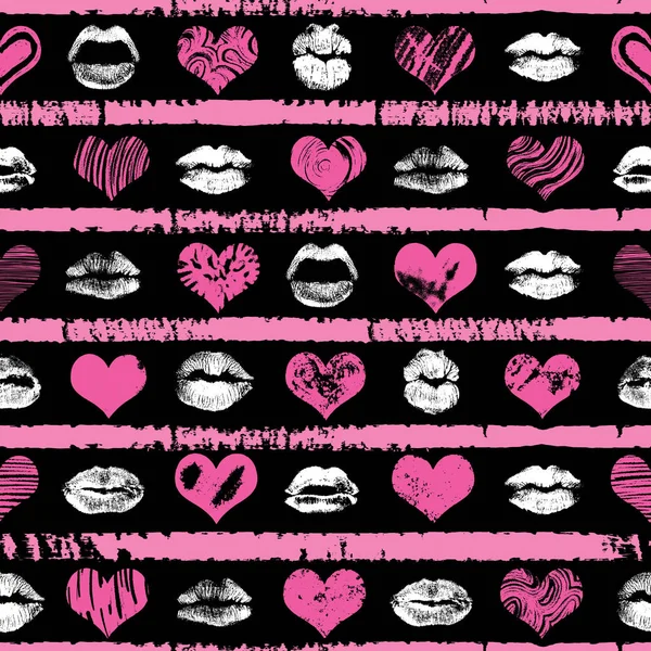 Pink red and black hearts and lips seamless pattern — Stock Vector