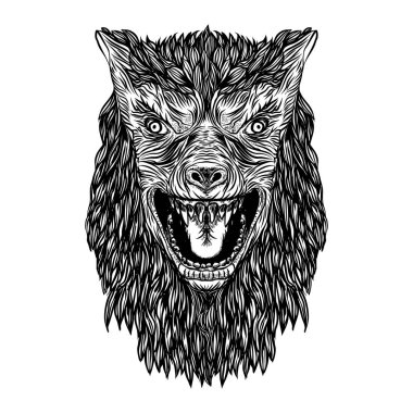 Vahşi kurt kafası. Kükreyen kurt adam kızgın ön yüzü