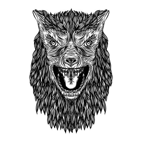 Tête de loup féroce. Face avant en colère du loup-garou rugissant — Image vectorielle