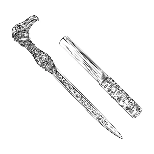 Trabajo negro tatuaje arte mano dibujado grabado estilo cuchillo medieval , — Vector de stock