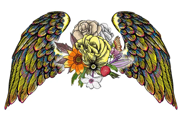 Τριαντάφυλλο και λουλούδια με φτερά αγγέλου ή πουλί. — Διανυσματικό Αρχείο