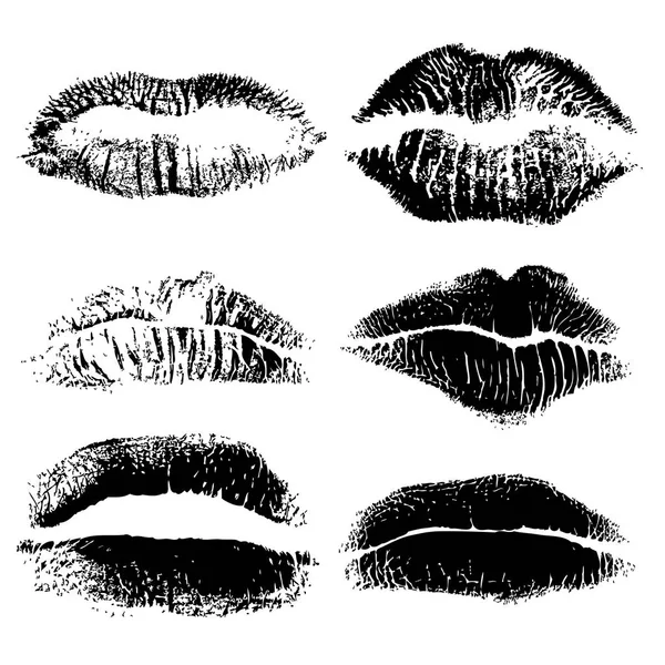 Set of lips or lip shaped women kiss print. — Stock Vector