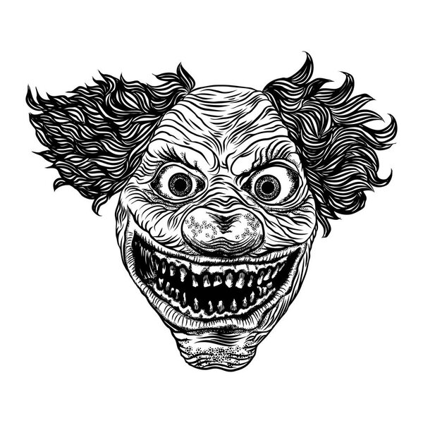 Scary clown head concept of circus horror film character. 
