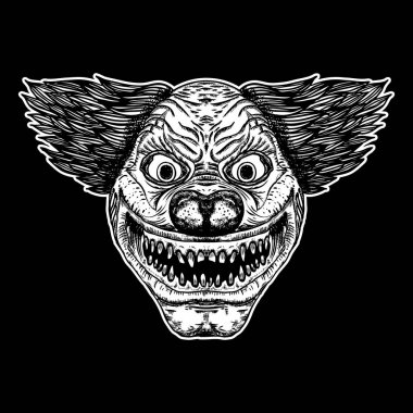 Koca burunlu ve keskin dişleri ile kötü korkutucu palyaço canavar. Siyahişi yetişkin et dövme kavramı. Korku çizgi film illüstrasyon izole siyah arka plan üzerine. Öfkeli deli joker kafa gülüyor. Vektör.