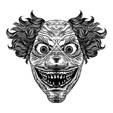 Korkunç çizgi film palyaço illüstrasyon. Siyahişi yetişkin et dövme kavramı. Korku film zombi palyaço yüz karakter. Vektör.