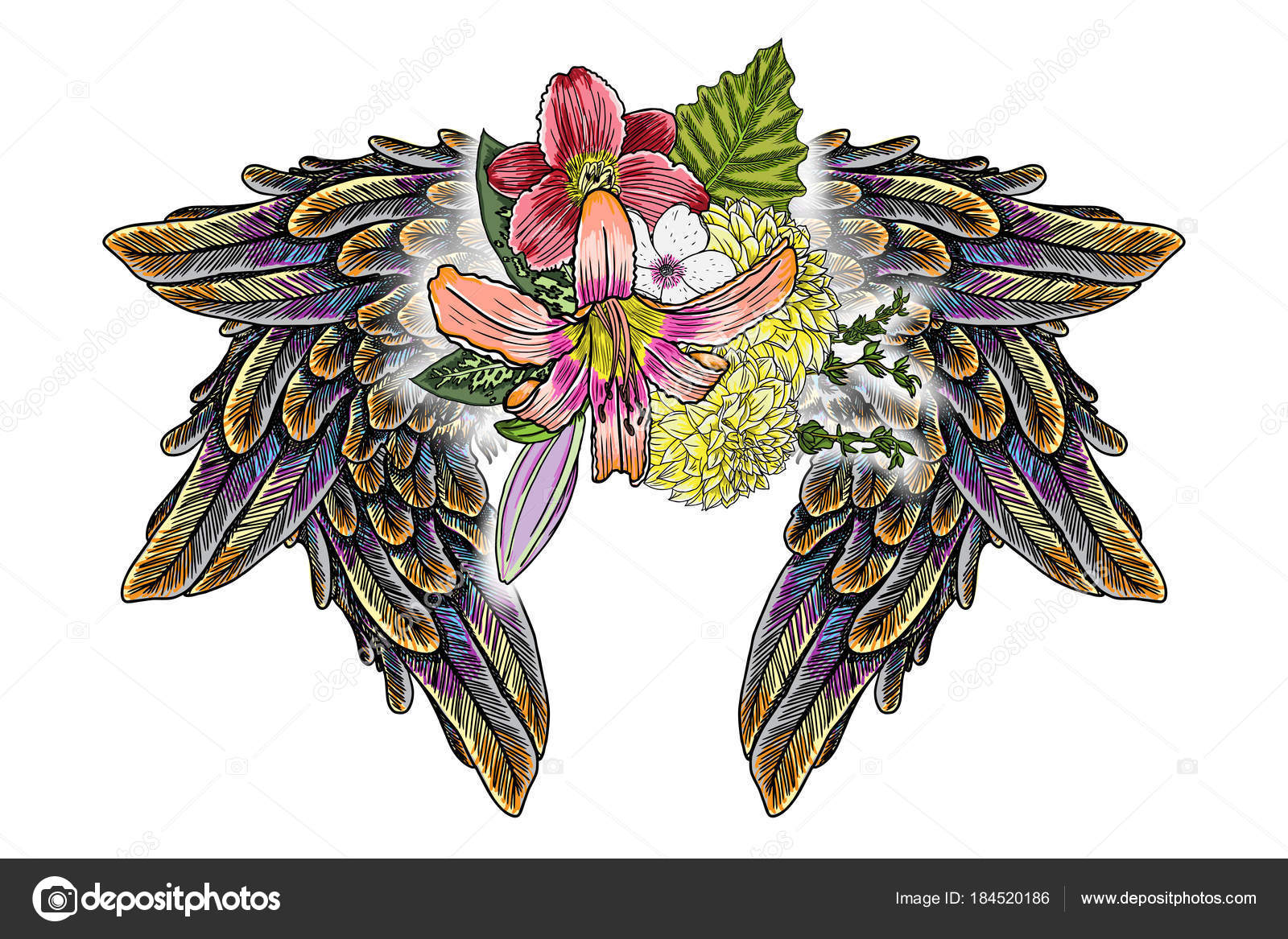 Belle Illustration Avec Lys Roses Camomille Fleurs Oiseaux
