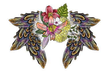 Lily, gül ve chamomiles güzel illüstrasyon çiçekler ve kanatlarda siyahişi tattoo flash stil el çizim kavramı kuş. Süslü moda Melek kanatları ve zarif vintage çiçek. Vektör.