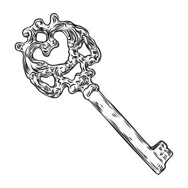 Karmaşık tasarım ile süs Ortaçağ vintage anahtar, Victoria yaprak verilirse ve elle çizilmiş swirls. Vektör.