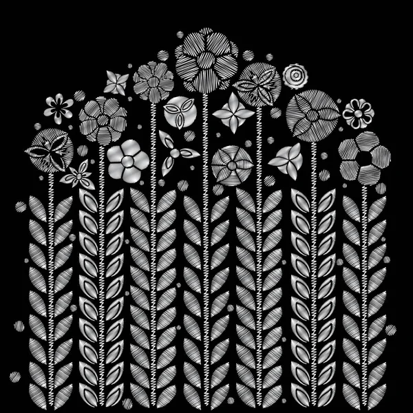 刺繍銀花装飾的な花が咲いています 伝統的な金属現代民俗飾り ファッション デザインの黒の背景に 民族衣装アジアの花のデザイン ベクトル — ストックベクタ