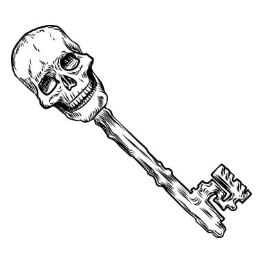 El çizimi antika anahtar. Beyaz arkaplanda klasik anahtarın taslak stili. Eski tasarım çizimi. Vektör.