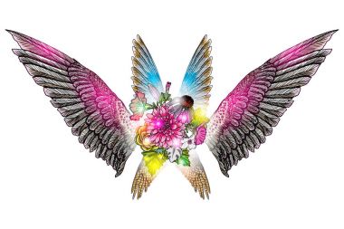 Süslü moda kanatları ve zarif vintage çiçek buketi, izole Victoria motifi tarzı sanat. Gül ve çiçek kanatlı melek ya da kuş flash tasarım öğeleri dövme. Çizim kız stil. Vektör.