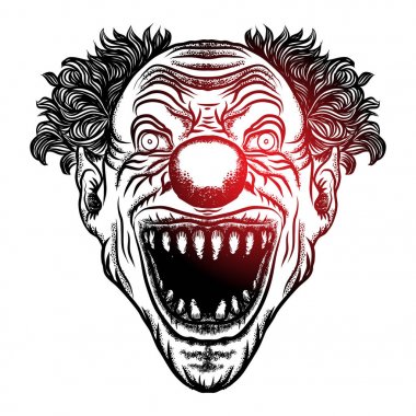 Scary cartoon clown illustration. Blackwork adult flesh tattoo concept. Horror movie zombie clown face character. Vector. clipart