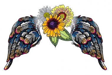 Sevgililer günü kavramı poster el çizim melek ve kuş kanatları ve çiçek açan lily, gül çiçek ile üzerine beyaz izole. El ilanları, davet, kart, broşür, afiş için Valentine's arka plan. Vektör.