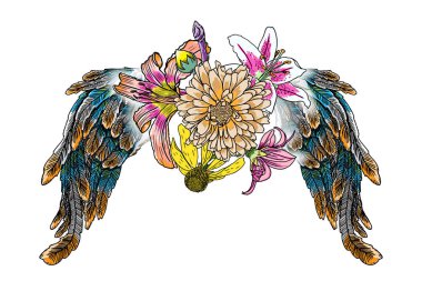 Sevgililer günü kavramı poster el çizim melek ve kuş kanatları ve çiçek açan lily, gül çiçek ile üzerine beyaz izole. El ilanları, davet, kart, broşür, afiş için Valentine's arka plan. Vektör.