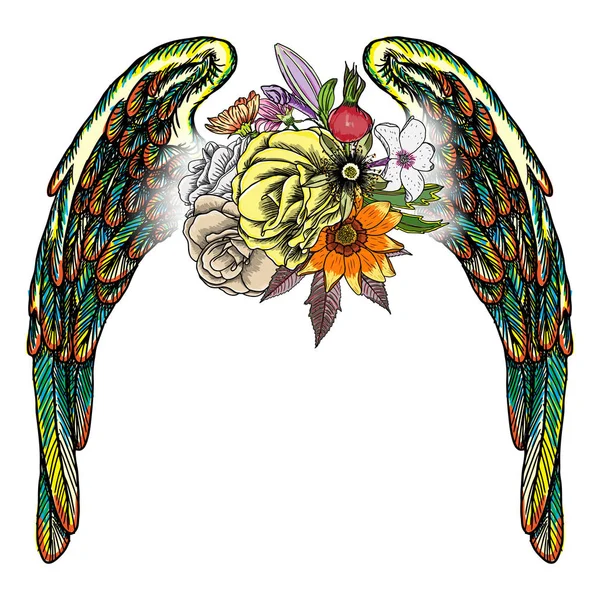 Gül ve çiçek melek ya da kuş kanatlı. Vintage çiçek. Son derece detaylı siyahişi tattoo flash kavramı üzerinde beyaz izole. Kanatları ve çiçek açan lily, feminen tarzı çizim gül. Vektör.