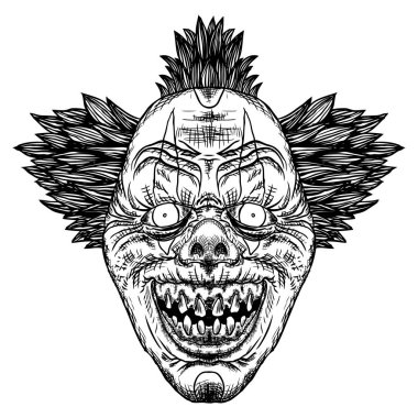 Korkunç çizgi film palyaço illüstrasyon. Siyahişi yetişkin et dövme kavramı. Korku film zombi palyaço yüz karakter. Vektör.