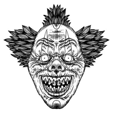 Scary cartoon clown illustration. Blackwork adult flesh tattoo concept. Horror movie zombie clown face character. Vector. clipart