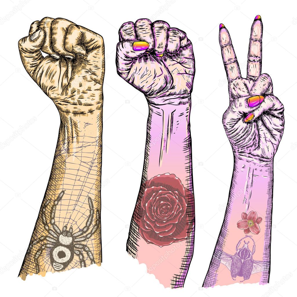 Youth crowd hands manifesting new generation. Set of hands of young people boys and girls with different gestures. Millennials woman and man wrist freedom victory signs with flash tattoos. Vector.