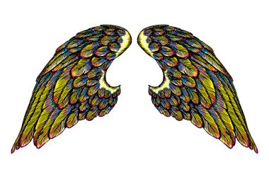 Çift renkli kartal kuş veya Melek kanatları yaymak. Kabartma gravür vintage tarzı kanatları renkli yayılmasını. Afrika, Hint totem dövme tasarım konsepti cesedi sanata. Vektör.