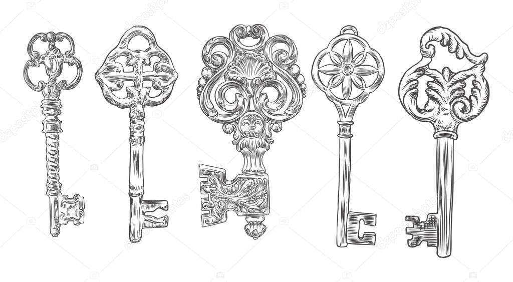 Set of hand drawn antique keys. Sketch style of vintage key on white background. Old design illustration. Vector.