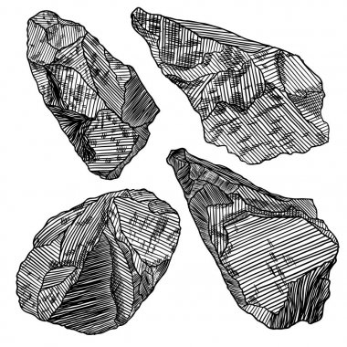 Gerçekçi elle çizilmiş Eskizler taşlar ve kayalar büyük kümesi. Farklı duvar taş, taş, mermer, tuğla, mineral Arnavut kaldırımı izole. Dünya büyülü kutsal öğeleri. Vektör.