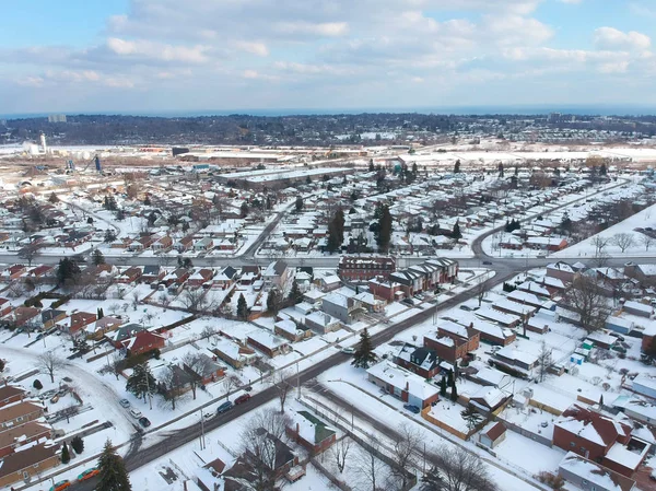 Vista Sulla Neve Dall Alto Con Città Urbana Fotografia Aerea — Foto Stock