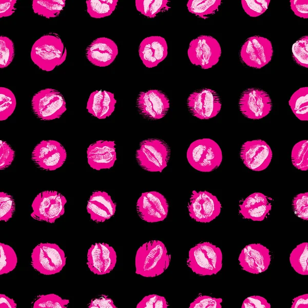 Lips Seamless Pattern Polka Dot Background Black Pink Lips Fashion — Stock Vector