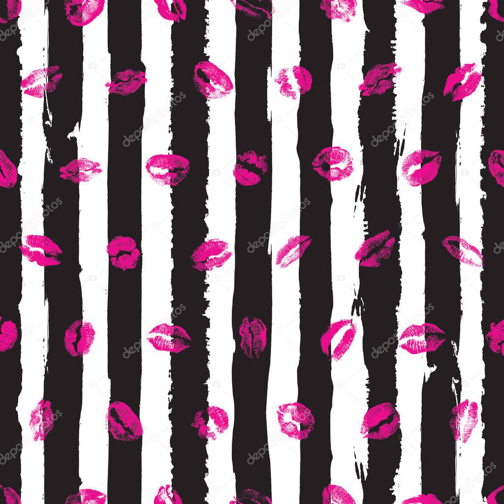 Pink lips seamless pattern on stripped background. Red Lips and grunge endless line prints wrapping paper. Kiss day, Valentine's background, Love fashion. Vector.