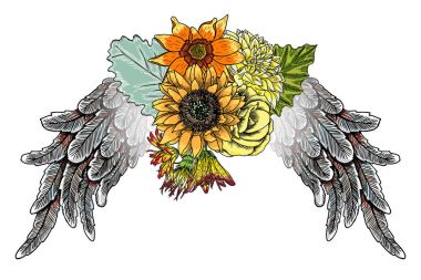 Süslü kanatları ve zarif vintage çiçek buketi, Isola moda