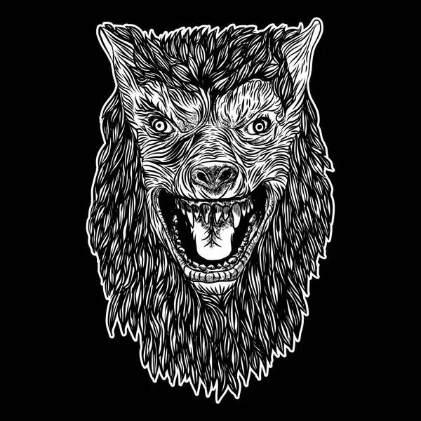 Tête de loup rugissant ou loup-garou. T-shirt imprimé Halloween concéder — Image vectorielle