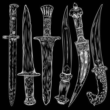 Bıçak, hançer, kılıç. Antik Europe silah kümesi. Viking kılıç, k