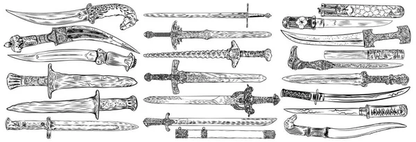Trabajo negro tatuaje arte mano dibujado grabado estilo cuchillo medieval , — Vector de stock