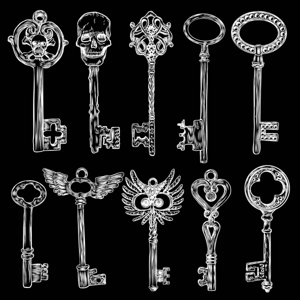 Grand ensemble de clés rétro, style vintage. Illustration de collection clé — Image vectorielle