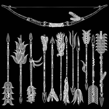 Yay ve çanta siyah elle çizilmiş oklarla kümesi. Dekoratif kalça
