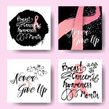 Pembe kurdeleler sembolleri ve kartları Ekim meme kanseri için set 