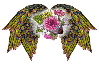 Süslü kanatları ve zarif vintage çiçek buketi, Isola moda