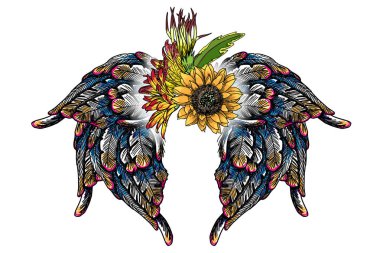 Süslü moda kanatları ve zarif vintage çiçek buketi, izole Victoria motifi tarzı sanat. Gül ve çiçek kanatlı melek ya da kuş flash tasarım öğeleri dövme. Çizim kız stil. Vektör