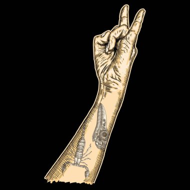 Dostum el rock n roll işareti ile Akrep ve karga veya raven, sk