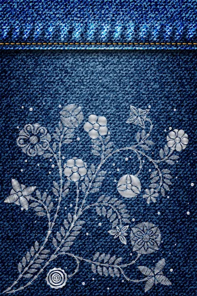 Silver Spets blomma broderi på jeans eller blå denim bakgrund — Stock vektor