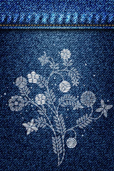 Bordado de flores de encaje de plata en jeans o fondo de mezclilla azul — Archivo Imágenes Vectoriales