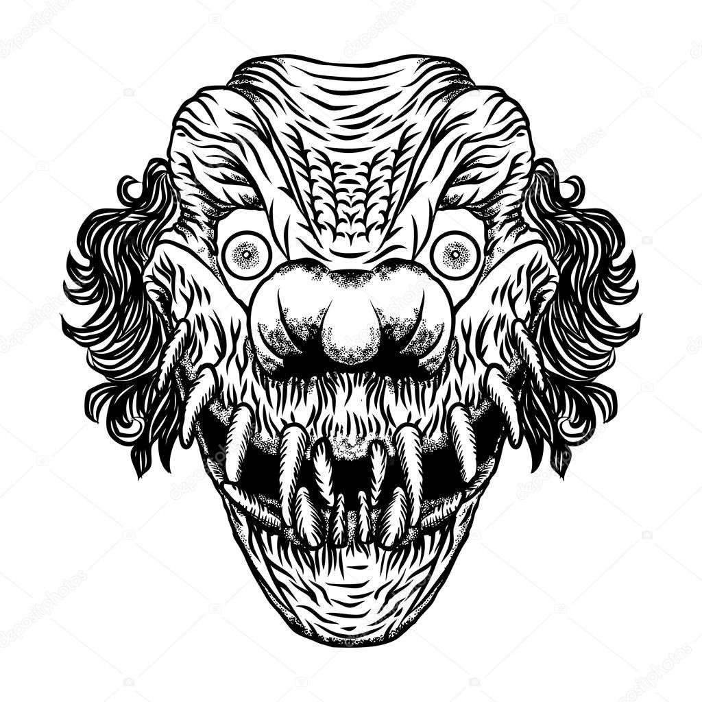 Scary cartoon clown illustration. Blackwork adult flesh tattoo c