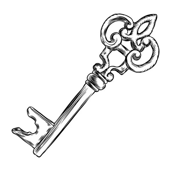 Clé antique dessinée à la main. Esquisse style de clé vintage sur bac blanc — Image vectorielle