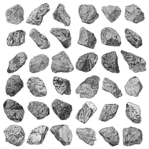 Piedras dibujadas a mano conjunto de bocetos. Piedras y rocas en sombrero de dibujo — Archivo Imágenes Vectoriales