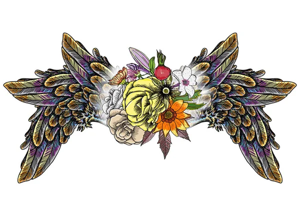 Sierlijke ouderwets vleugels en elegante vintage bloemboeket, isola — Stockvector