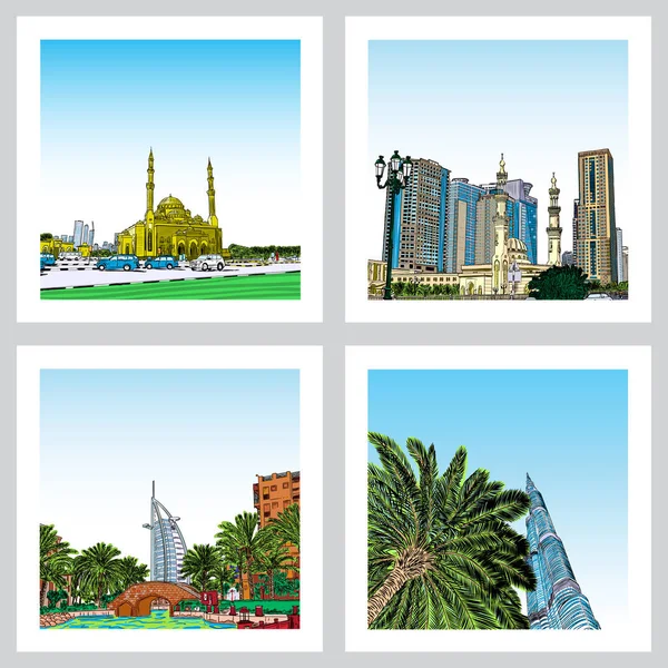 Sada City panorama Dubaje a známých turistických destinací. Spojené arabské emiráty. — Stockový vektor
