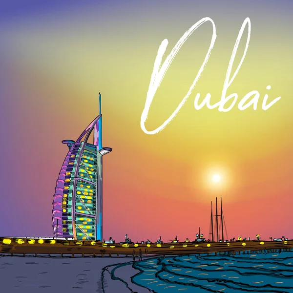 A Burj Al Arab éjjel, az arabok, luxus torony fényei — Stock Vector