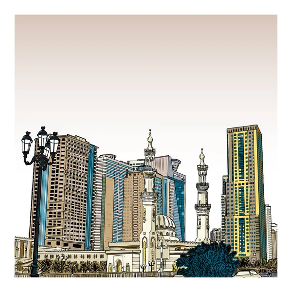 Hand drawn sketch of Mosque with skyscrapers in Dubai Marina dis — Stock Vector