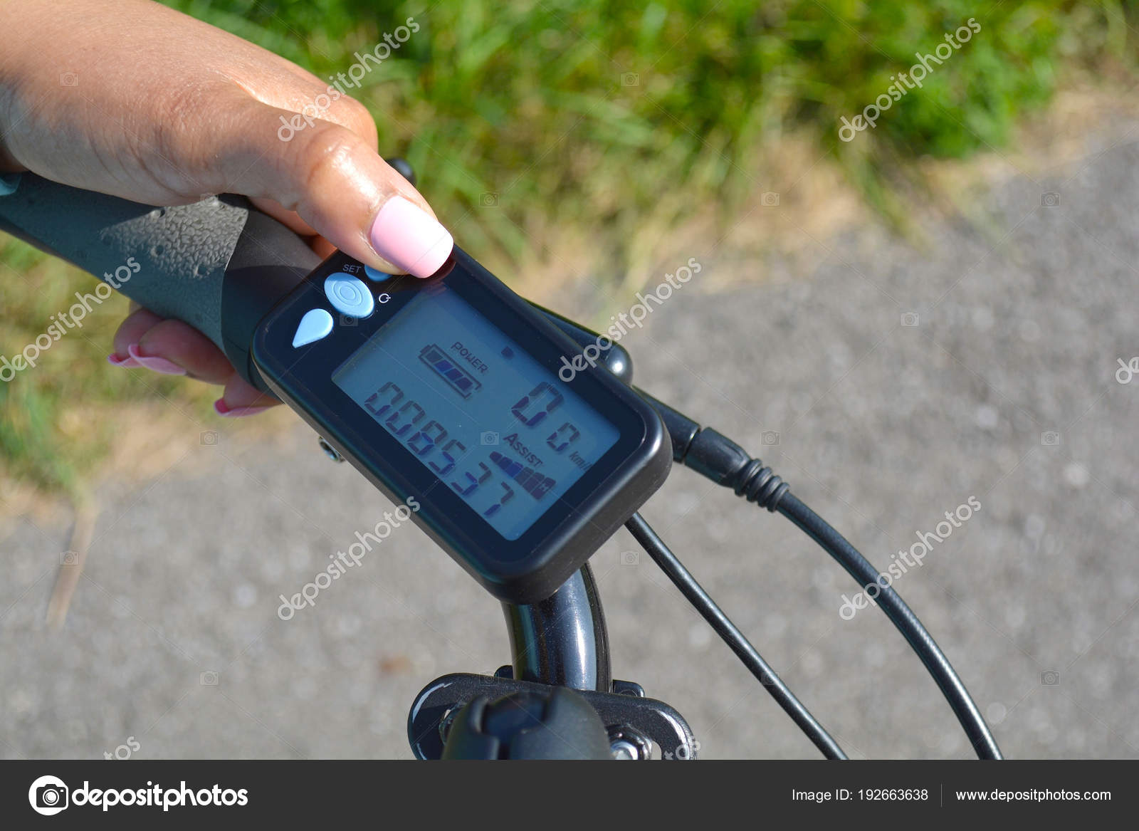 Turning on electric bike, Ebike or bicycle. Pressing a button o