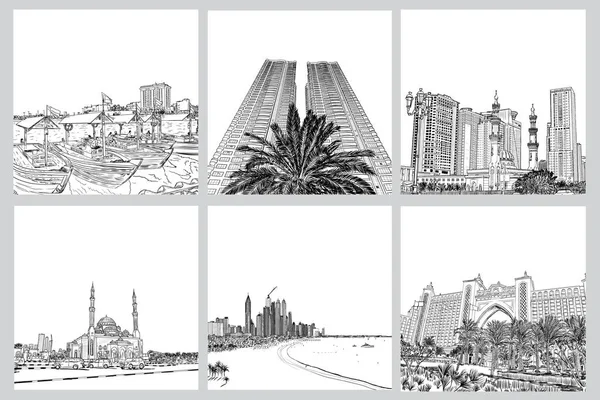 Набір ескіз Марина і Дубаї ОАЕ силуети. Будинки на сертифікат автентичності — стоковий вектор