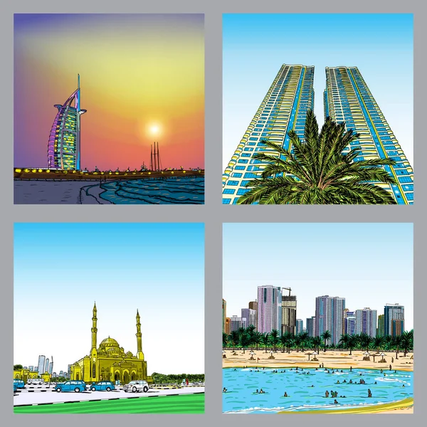 Uppsättning av staden Dubai skyline och berömda turistmål. Förenade Arabemiraten. — Stock vektor